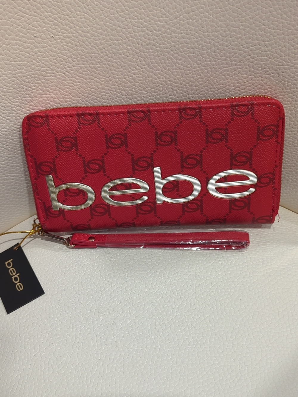 bebe Red Logo Zip Wallet with Detachable Wristlet